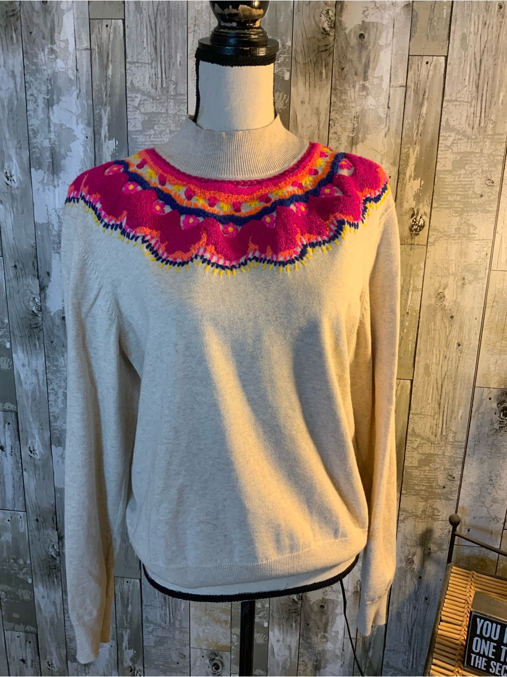 CAbi Cream Mock Neck Sweater with Pink and Yellow Fair Isle Yoke. Size L